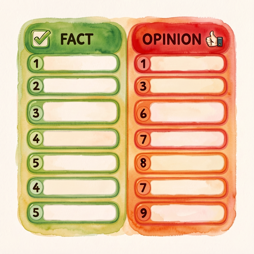 Reference image of a two-column sort mat — left column FACT (green) with a checkable-icon, right column OPINION (red) wi