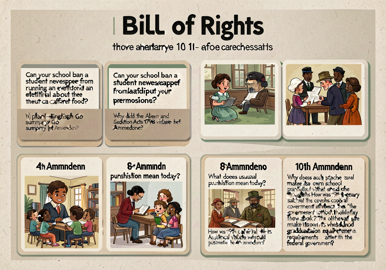 Bill of Rights 10-Card Set — one card per amendment with three layers: (a) the official 1791 text; (b) plain-English G5 
