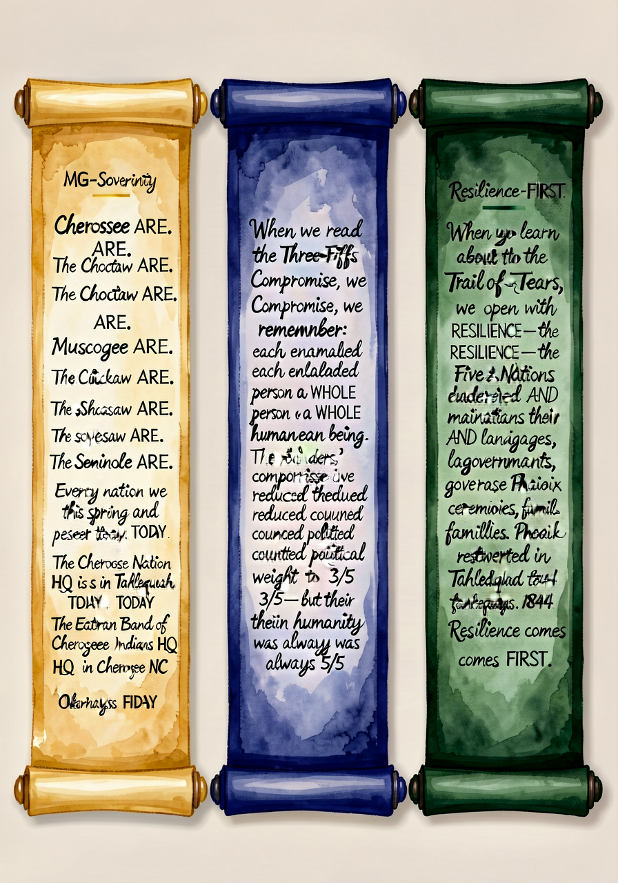 Three vertical scroll-style posters mounted side-by-side at child-eye-level reading height. LEFT scroll (MG-8 Sovereignt