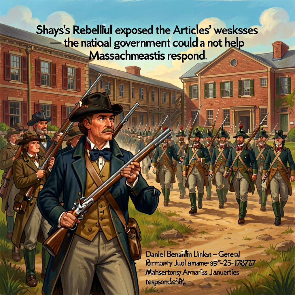 Period-style illustration of Western Massachusetts farmers armed with muskets at the Springfield Armory January 25 1787.