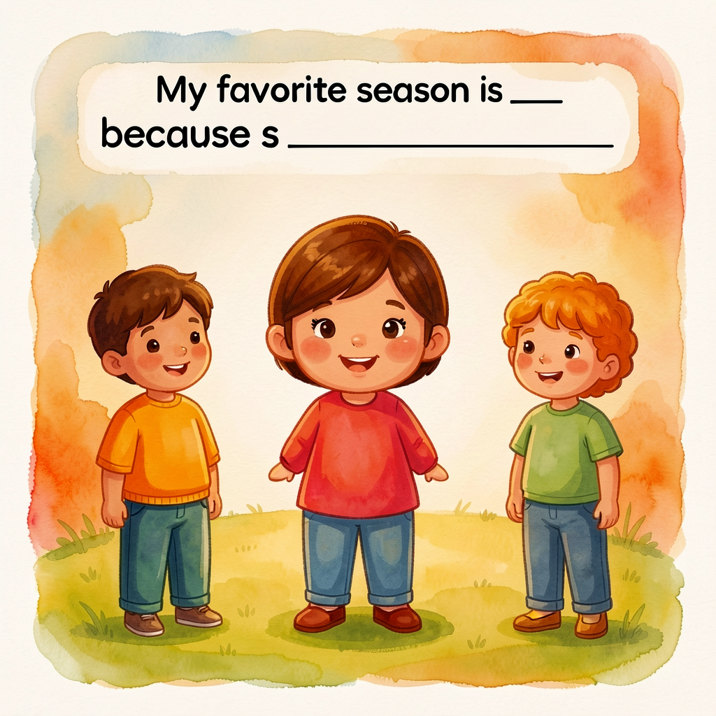Reference image of a sentence-strip template: 'My favorite season is ___ because ___.' with blanks shown, dyslexic-frien