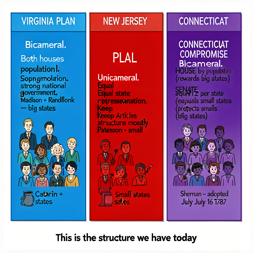 3-column comparison chart 24 × 18 inches. Column 1 (VIRGINIA PLAN, blue): 'Bicameral. Both houses by population. Strong 