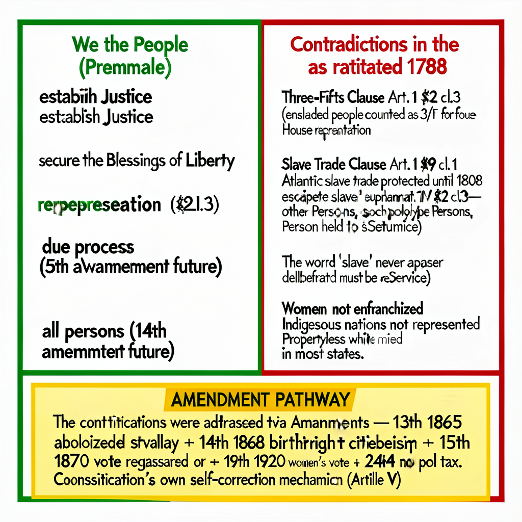 Wall T-chart 36 × 24 inches. LEFT COLUMN (principles, green border) — 'We the People (Preamble) / establish Justice / se