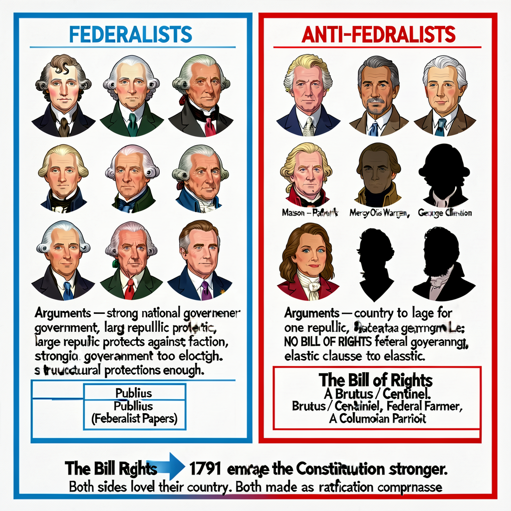 2-column comparison chart 24 × 30 inches. LEFT COLUMN (FEDERALISTS, blue border): photos/portraits of Hamilton + Madison