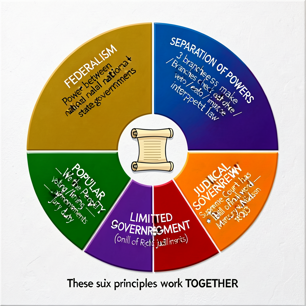 Wall poster 30 × 30 inches in pie-chart format. Six equal wedges color-coded: FEDERALISM (gold) — 'Power between nationa
