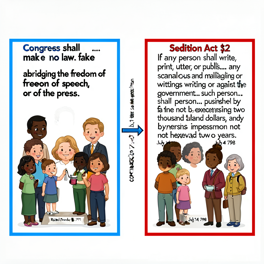 Side-by-side panel 24 × 12 inches. LEFT panel (1st Amendment, blue border): 'Congress shall make no law... abridging the