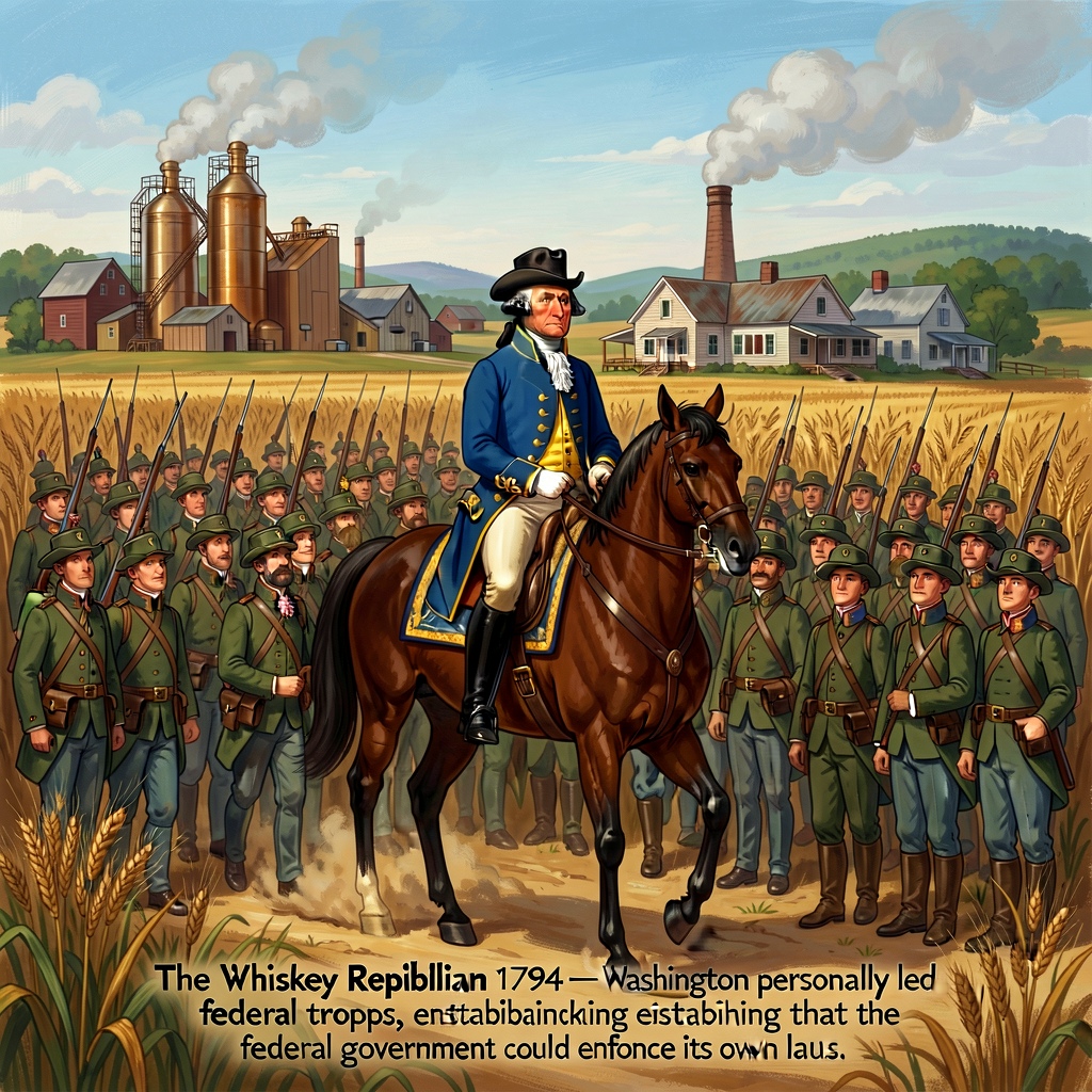Period-style illustration of George Washington on horseback at the head of 13,000 militia force, Western Pennsylvania Oc
