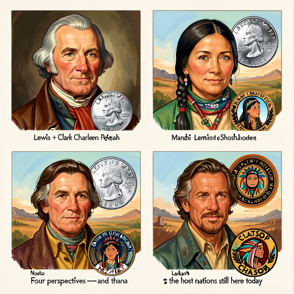 4-portrait card: Lewis + Clark (Charles Willson Peale portraits); Sacagawea (US Mint dollar coin reverse design, 2000); 
