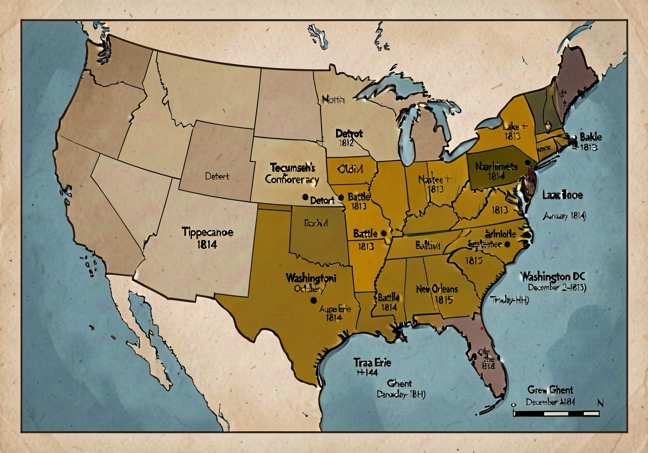 Map of North America 1812 with US borders + Tecumseh's Confederacy territory shaded gold across Ohio Valley + Old Northw
