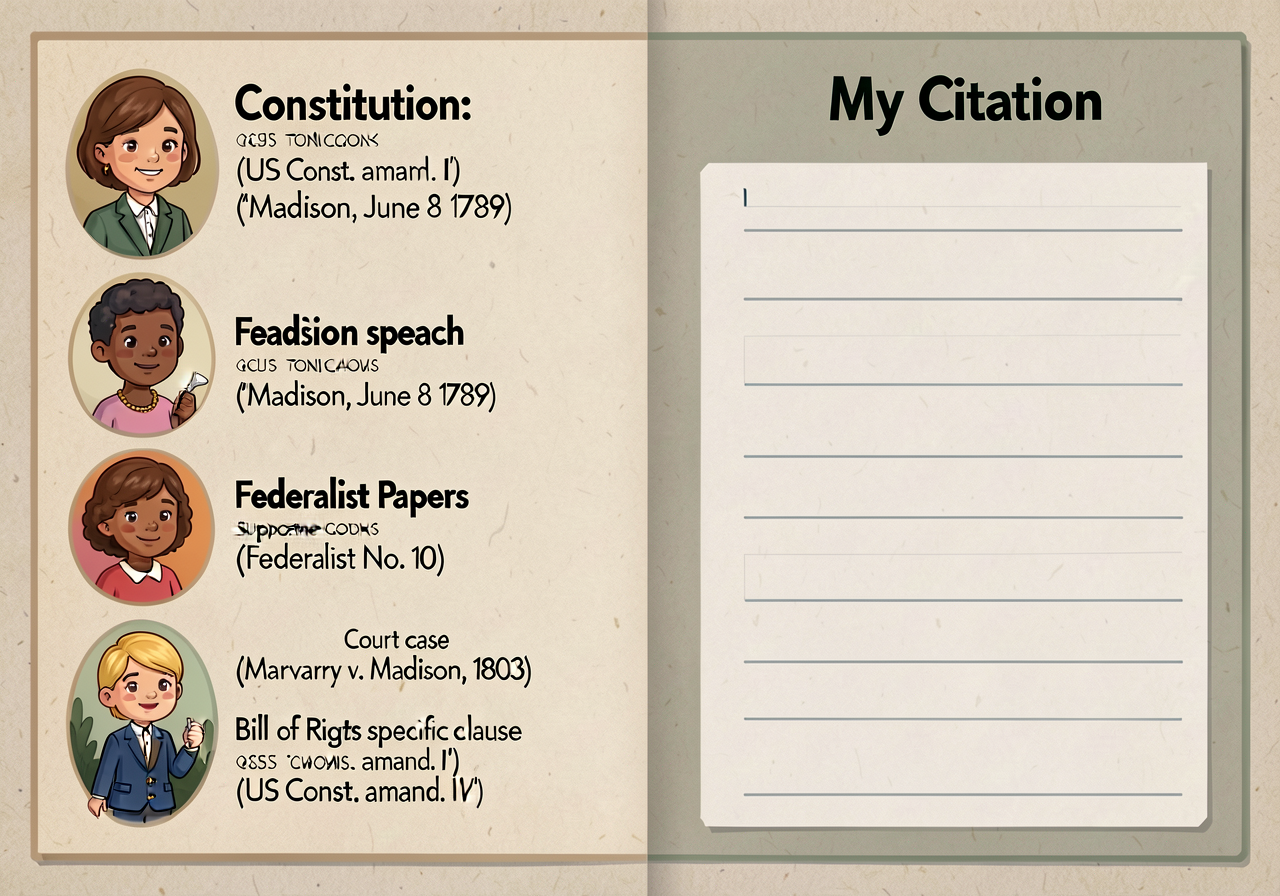 Half-page reference card with 5 citation examples: (1) Constitution: '(US Const. amend. I)' (2) Madison speech: '(Madiso