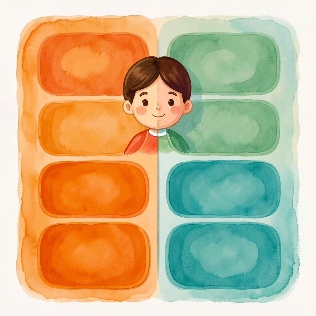 Reference image of a two-column sort mat (SUBJECT orange / OBJECT teal) matching MG-3 styling.