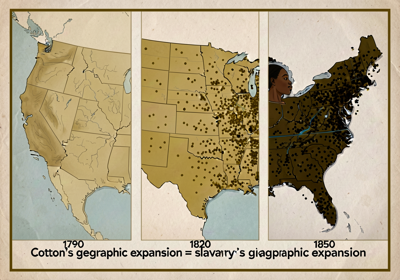 Three sequential overlays of US Southeast: 1790 (cotton in coastal SC + GA only, light gold); 1820 (cotton spread to inl