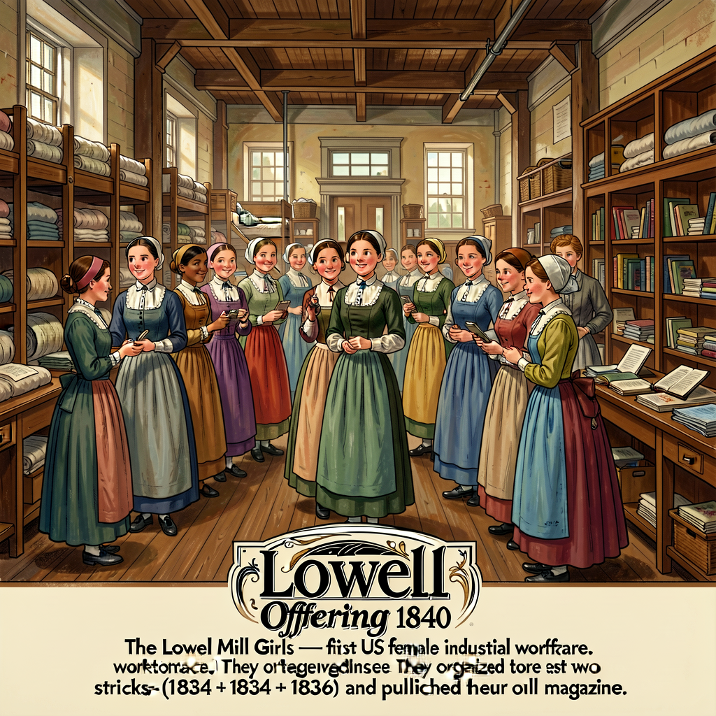 Period illustration of 1840 Lowell mill girls in textile factory + dormitory + reading room. Foreground: 'Lowell Offerin
