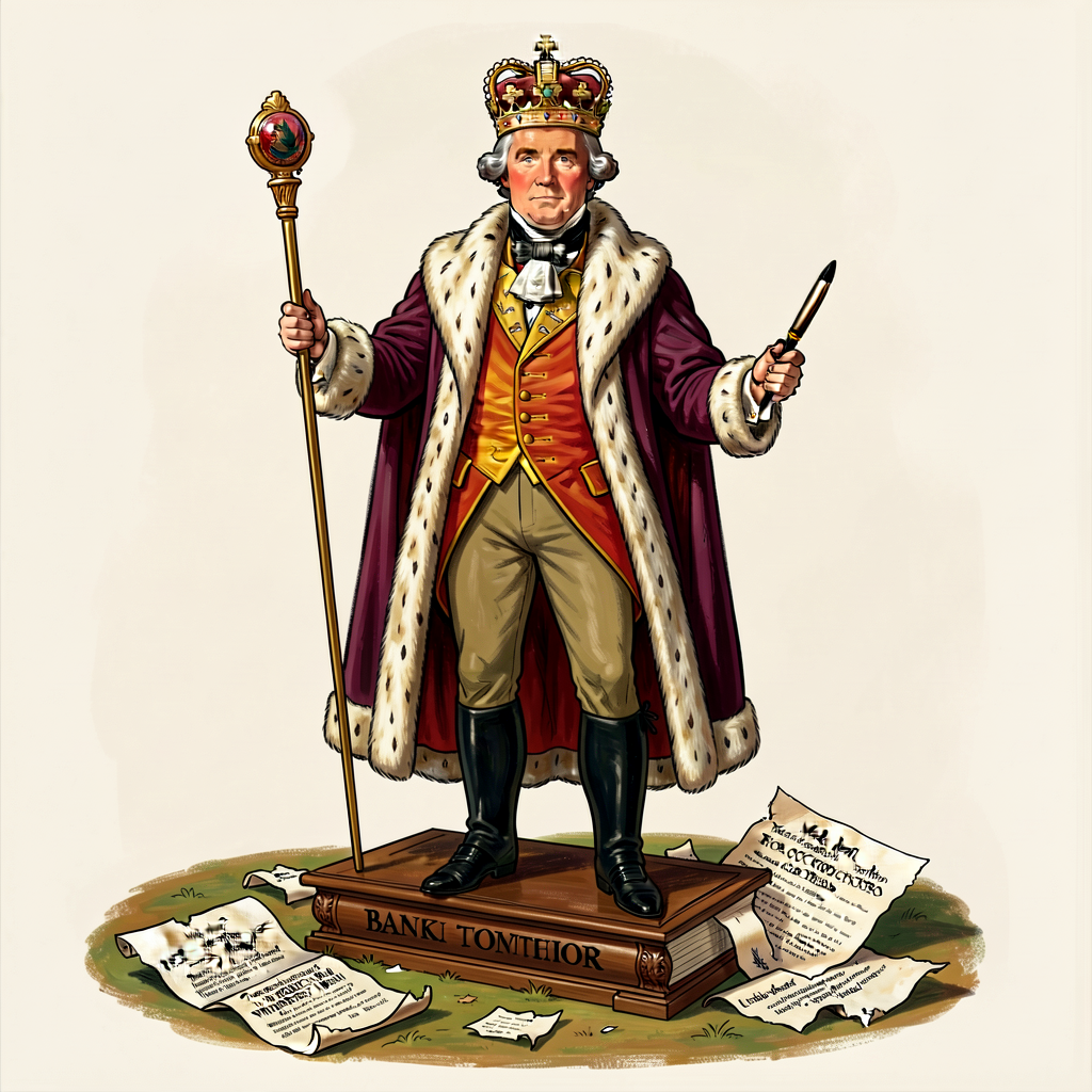 Reproduction of anonymous Whig 1832 political cartoon: Jackson in royal robes (ermine + crown) standing on the US Consti