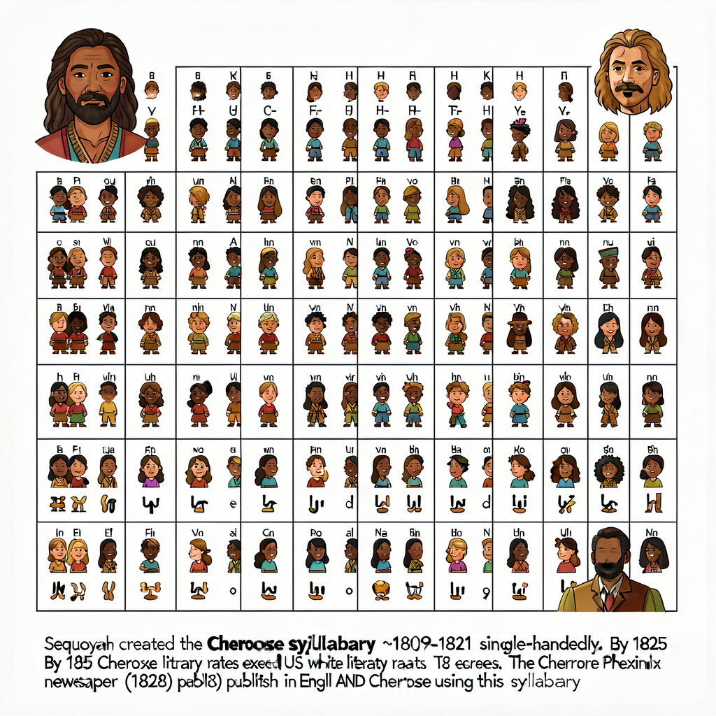 Full Cherokee syllabary chart: ~85 characters arranged in syllable grid (consonant rows × vowel columns). Sequoyah's por
