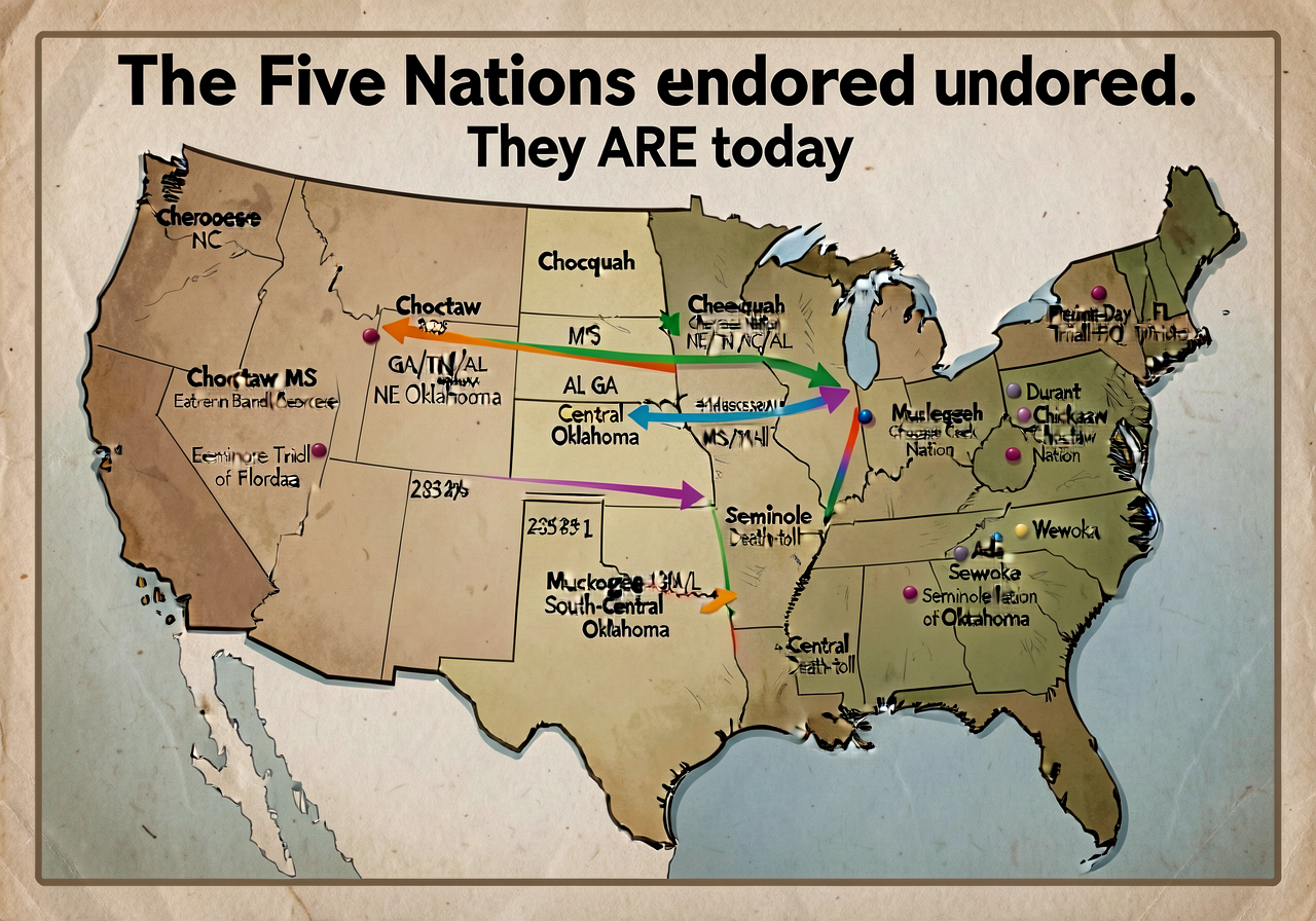 Map of US Southeast 1830s showing 5 removal routes from ancestral homelands to Indian Territory (Oklahoma): (1) Cherokee