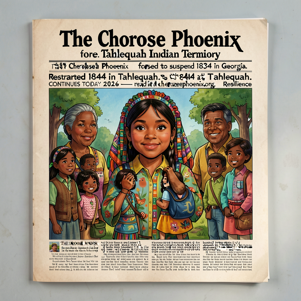 Reproduction of Cherokee Phoenix newspaper masthead from its 1844 restart in Tahlequah Indian Territory. Bilingual masth