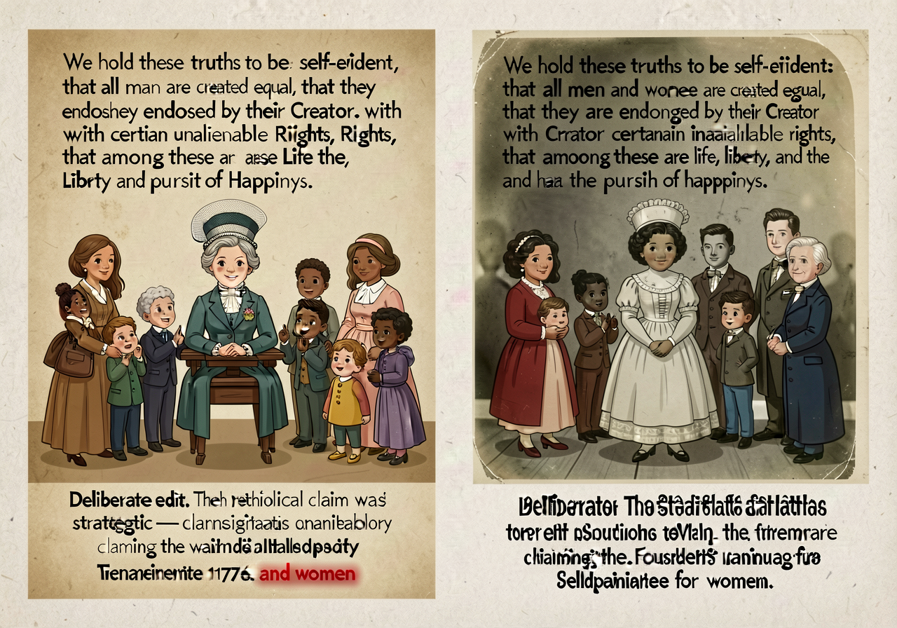 Side-by-side panel 24 × 18 inches. LEFT (Declaration of Independence 1776, sepia tone): 'We hold these truths to be self