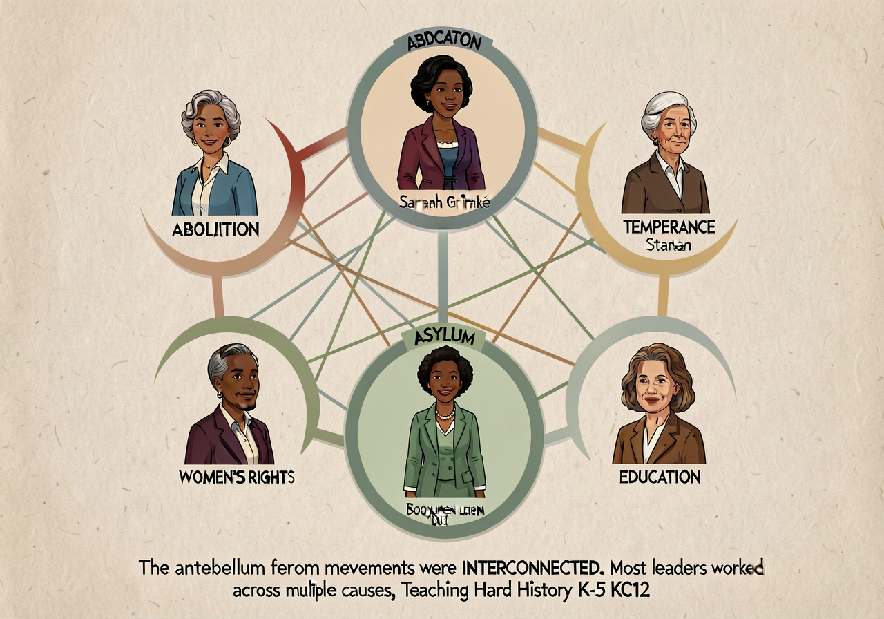 Web diagram showing 5 reform-movement circles (ABOLITION + WOMEN'S RIGHTS + TEMPERANCE + EDUCATION + ASYLUM) with named 