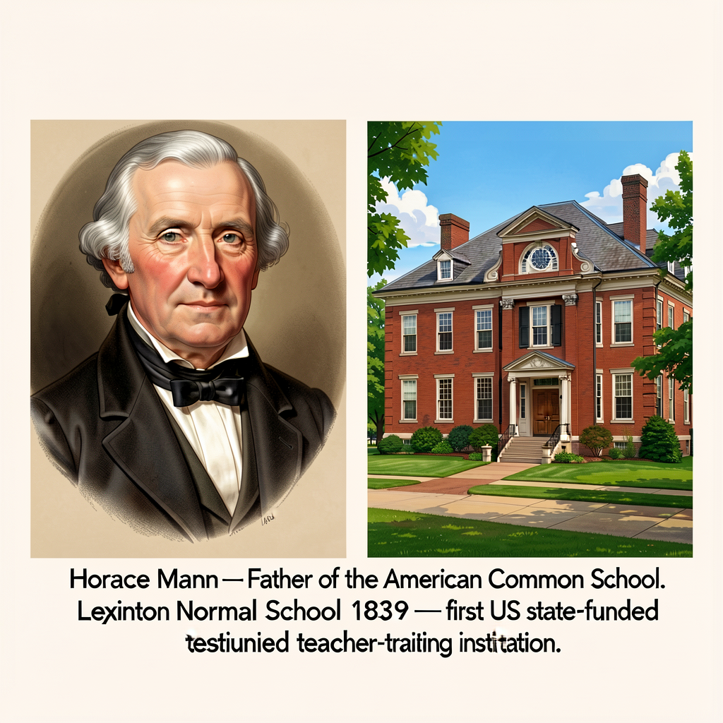 Composite image: LEFT — Horace Mann portrait (Charles Loring Elliott 1846). RIGHT — Lexington Normal School 1839 histori
