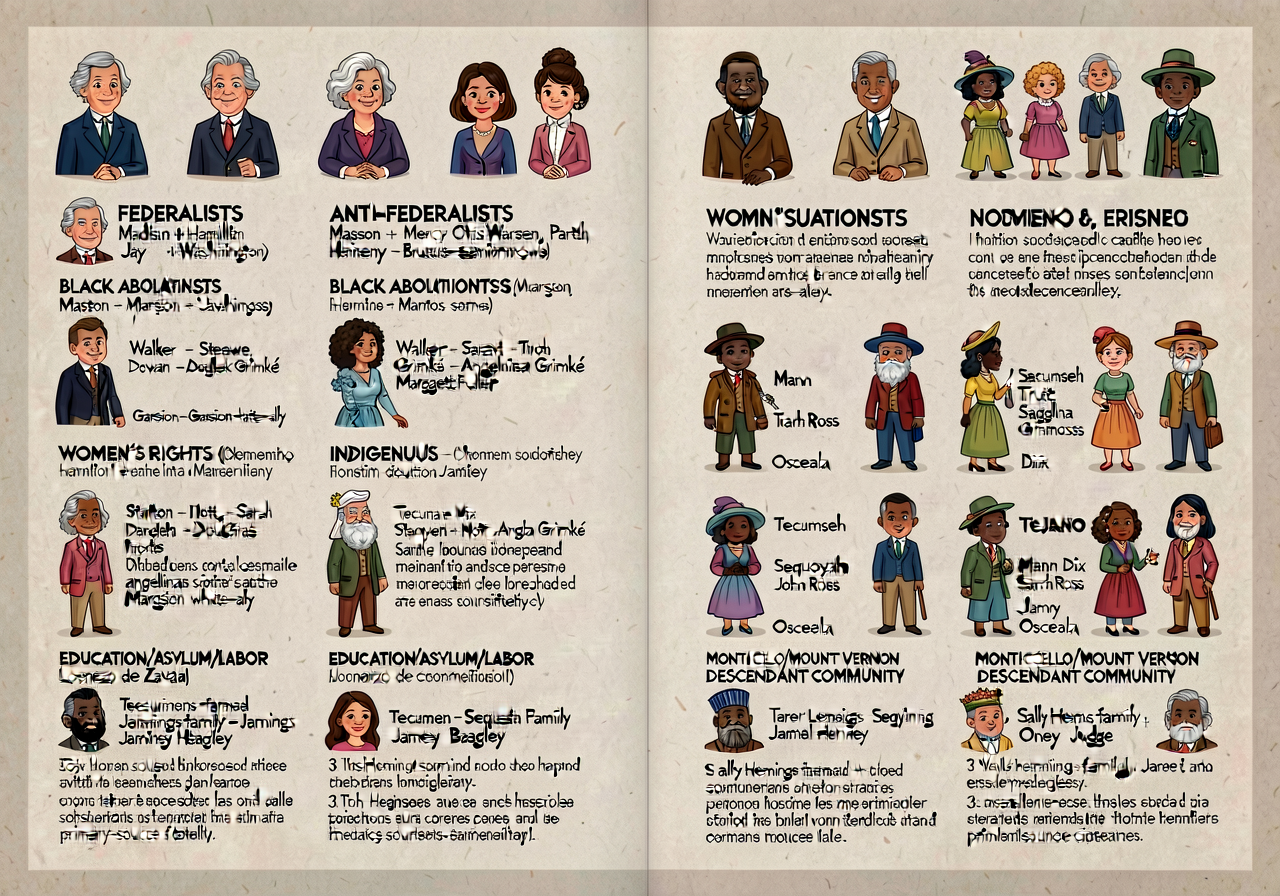 2-page menu card listing 30+ figures grouped by thread: FEDERALISTS (Madison + Hamilton + Jay + Washington); ANTI-FEDERA