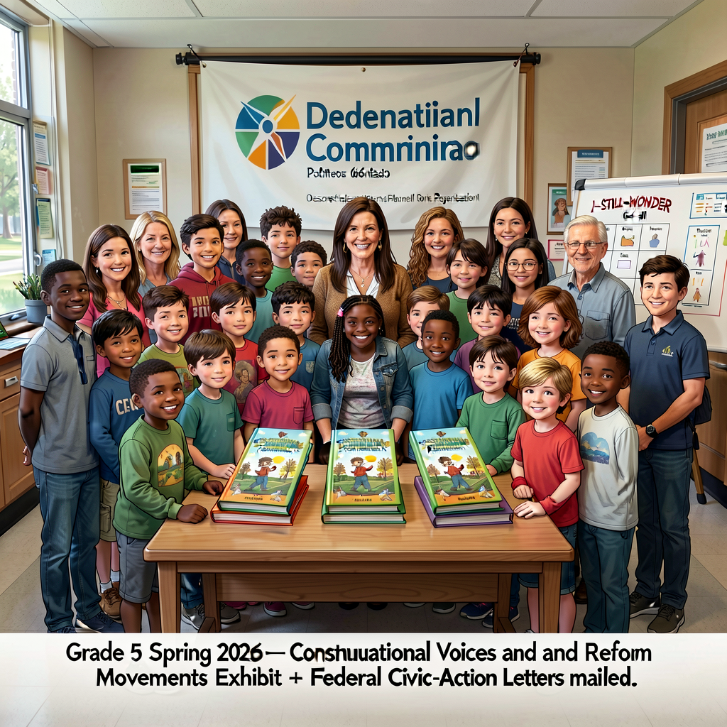 Class group photograph capturing all 44 children + visitors + teacher gathered around the 3 bound storybook copies on a 