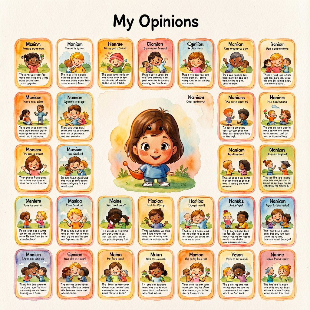 Photo of a Grade-1 anthology page setup: title 'My Opinions' centered top; 25 small published pieces arranged in a 5x5 g