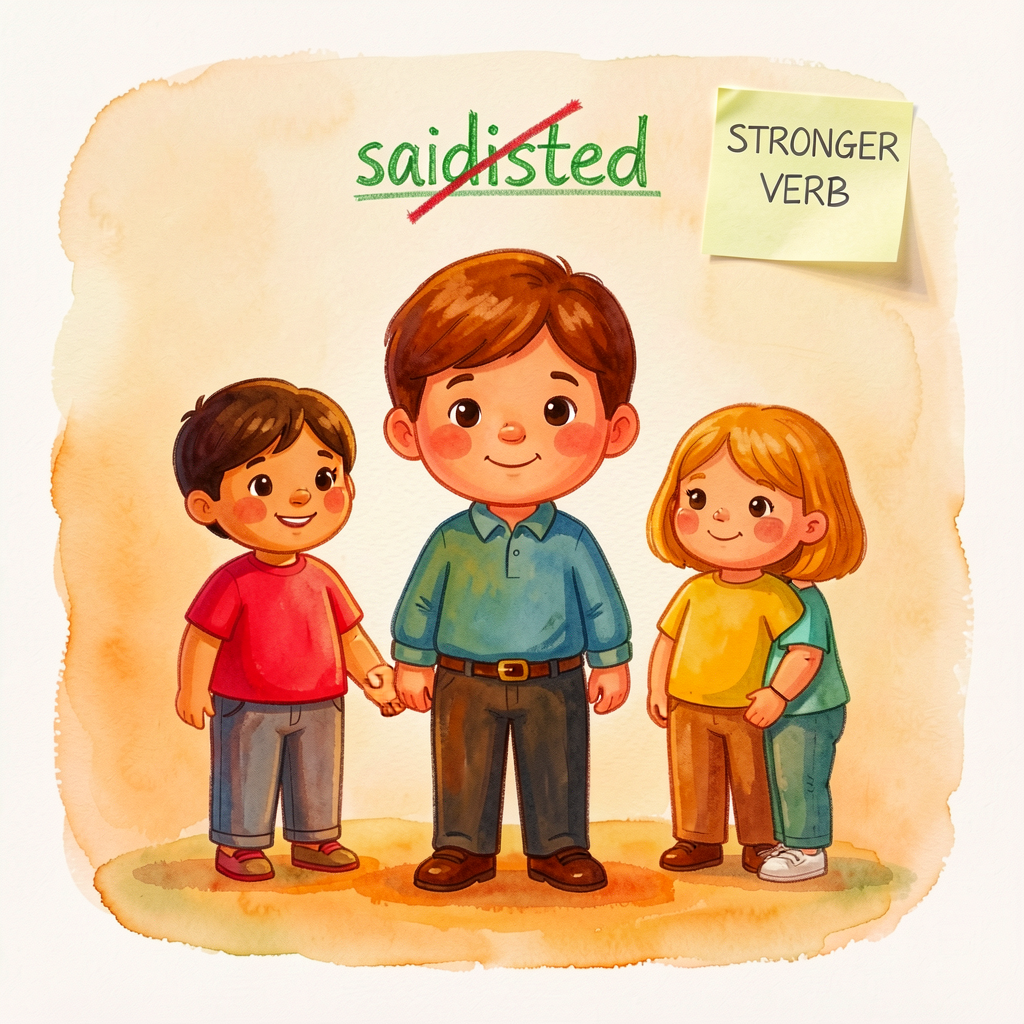 Reference image showing a 'said' crossed out with 'insisted' written above in green pencil, margin sticky 'STRONGER VERB
