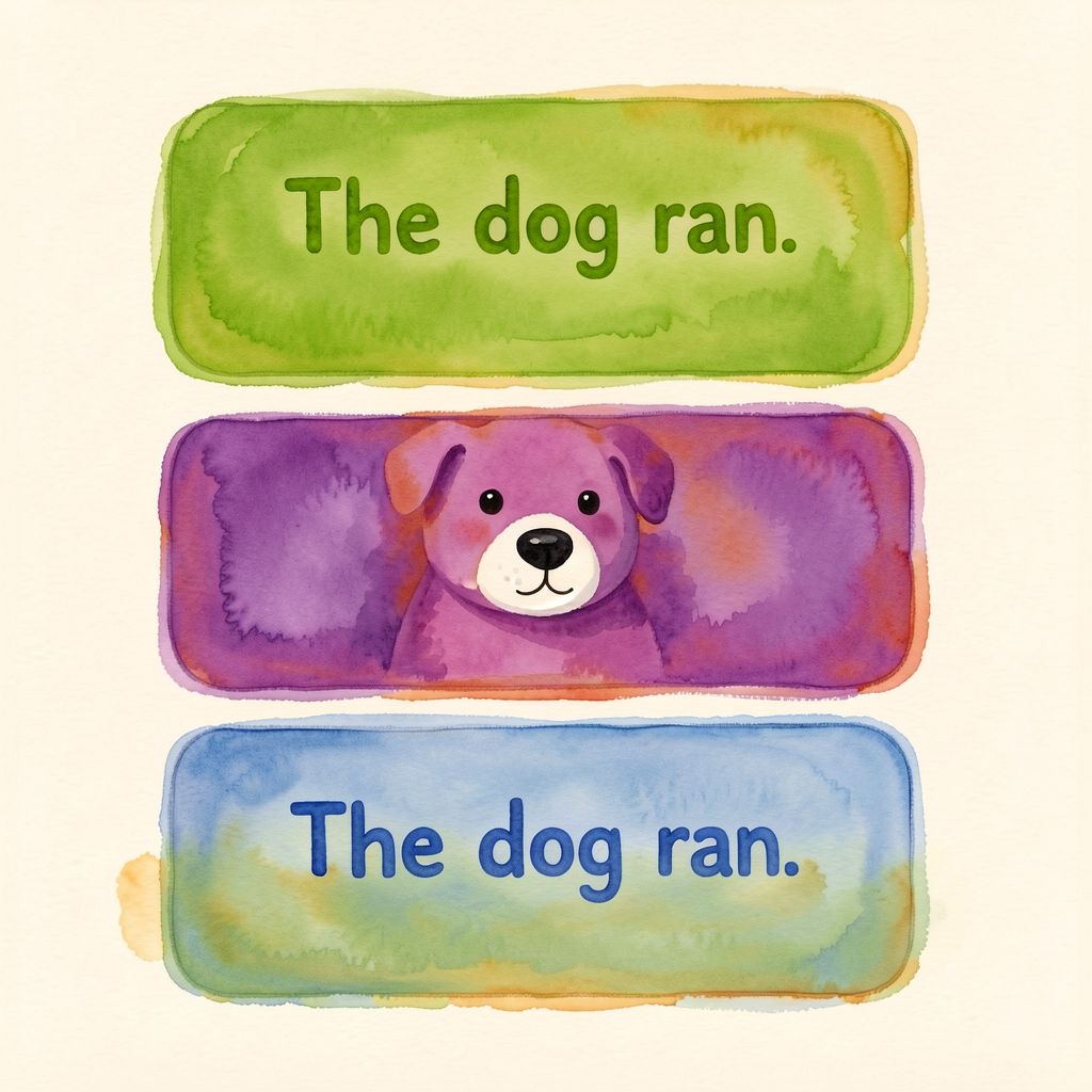 Reference image: three sentence-strip cards stacked vertically, each adding one type of detail to 'The dog ran.' — green