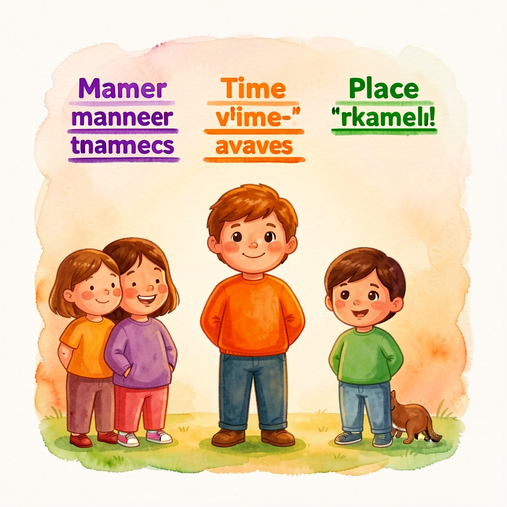 Reference image of a sentence with 3 adverbs underlined in 3 colors (manner=purple, time=orange, place=green) with colum