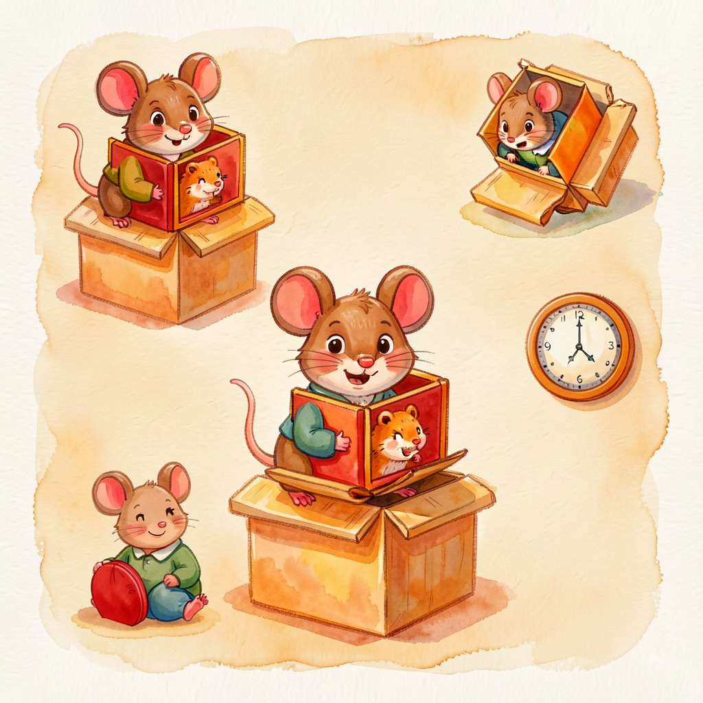 Reference image of the mouse-and-box at 4 placements (in, on, under, behind) plus a small clock face for time-prep promp