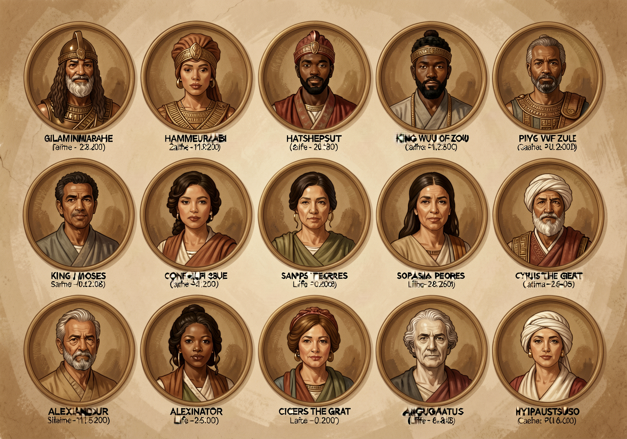 Unit-opener splash with 18-portrait medallion montage of ancient-world voices the class will meet — Gilgamesh, Hammurabi