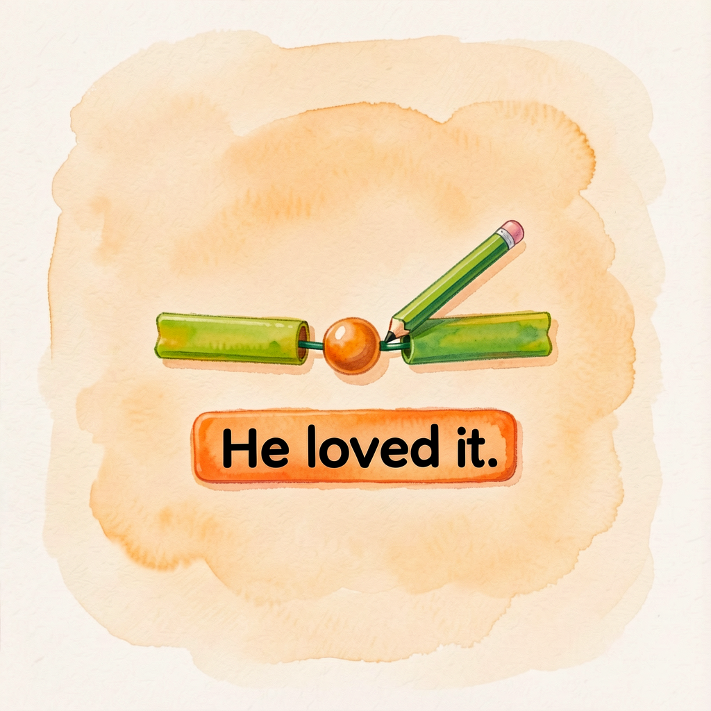 Reference image showing two short strips joining with a green pencil 'and' bead, and a short bold-printed strip 'He love