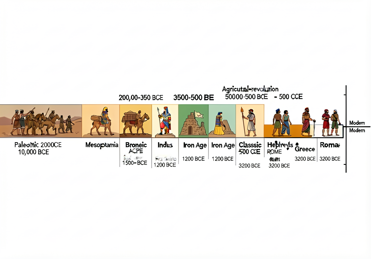 Deep-Time Strip — horizontal banner showing 200,000 years of human history with logarithmic compression: Paleolithic (20
