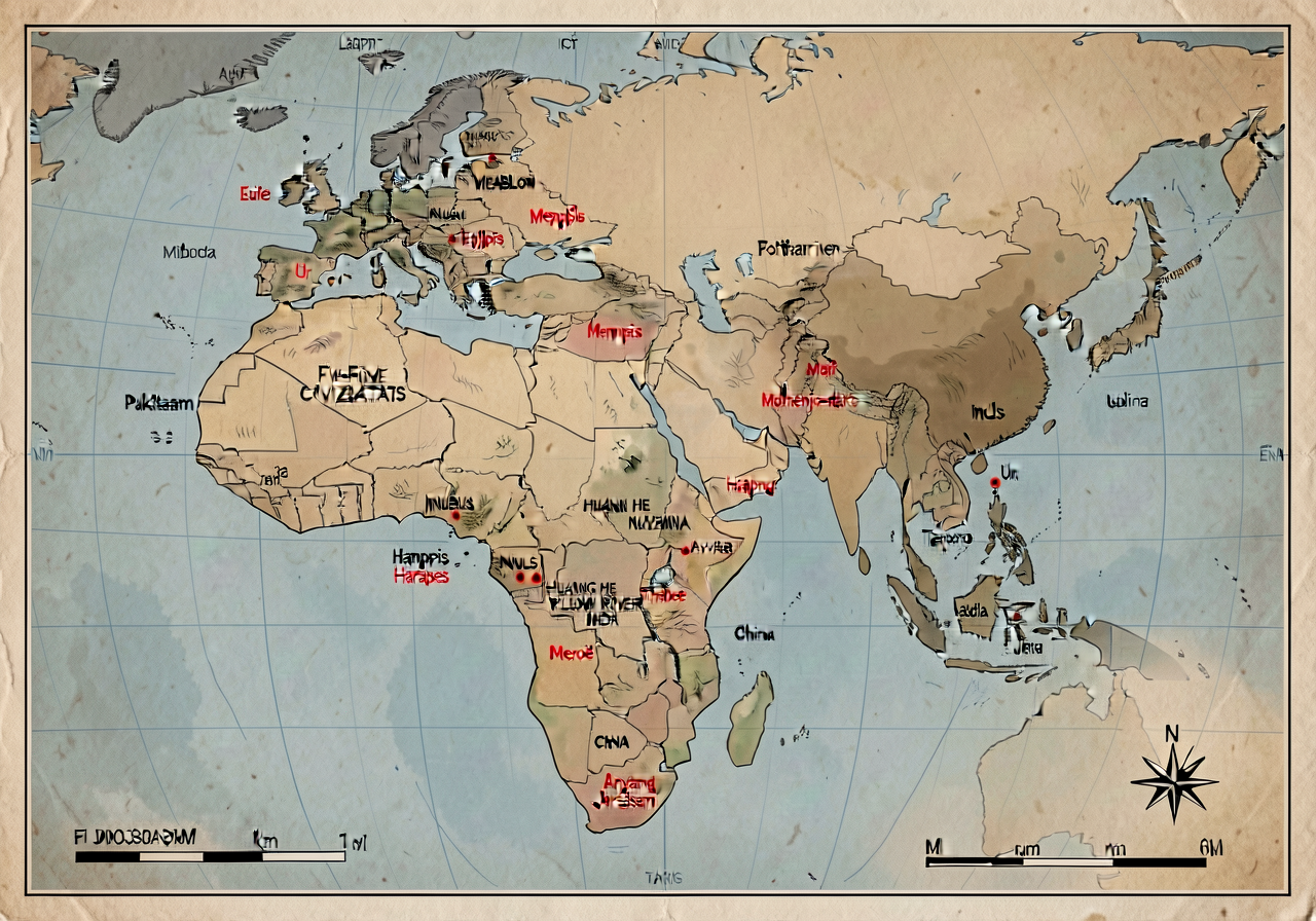 Five-River-Valley Civilizations Map — physical map of Afro-Eurasia showing Tigris-Euphrates (Mesopotamia, modern Iraq + 