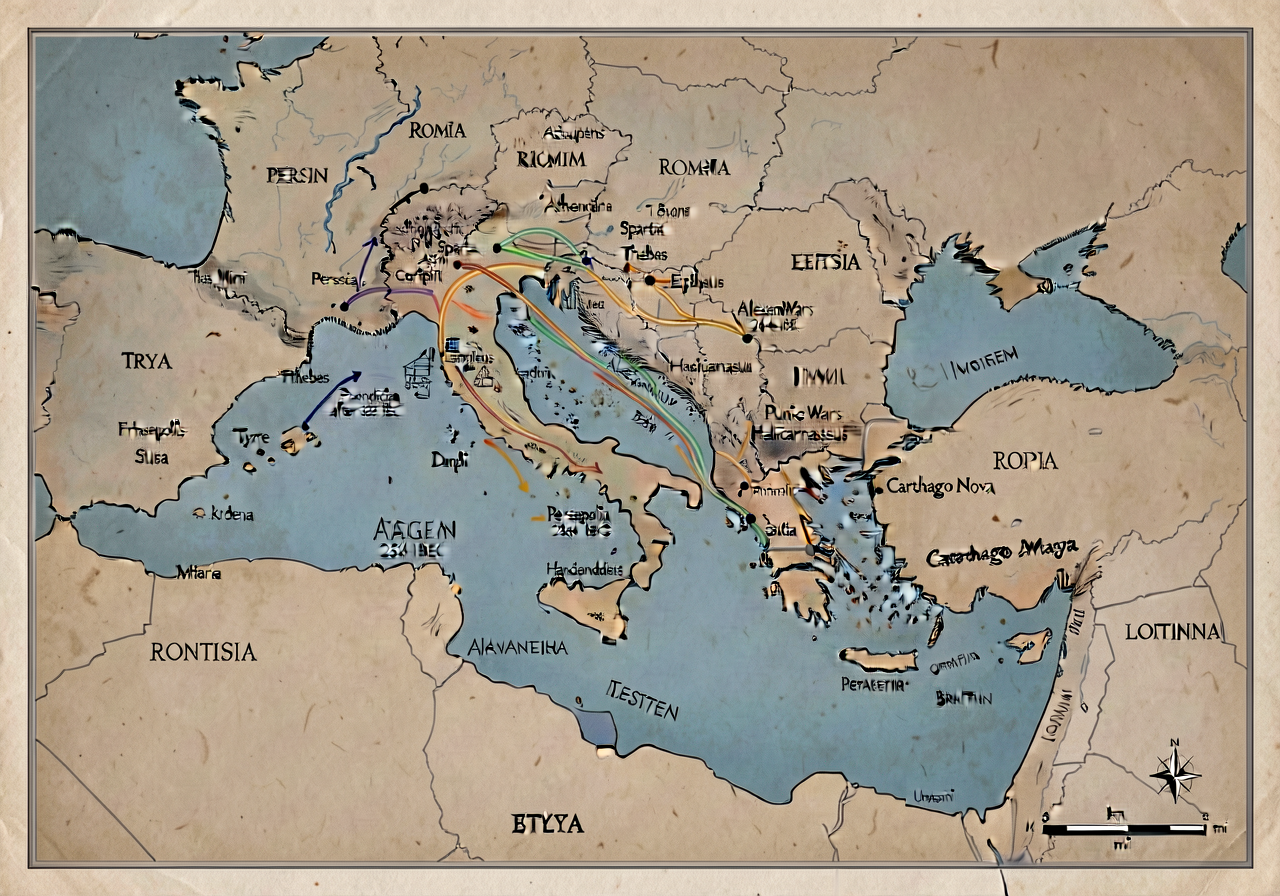 Classical Mediterranean Map — physical map showing Aegean Sea + Eastern + Western Mediterranean basins with Greece (Athe