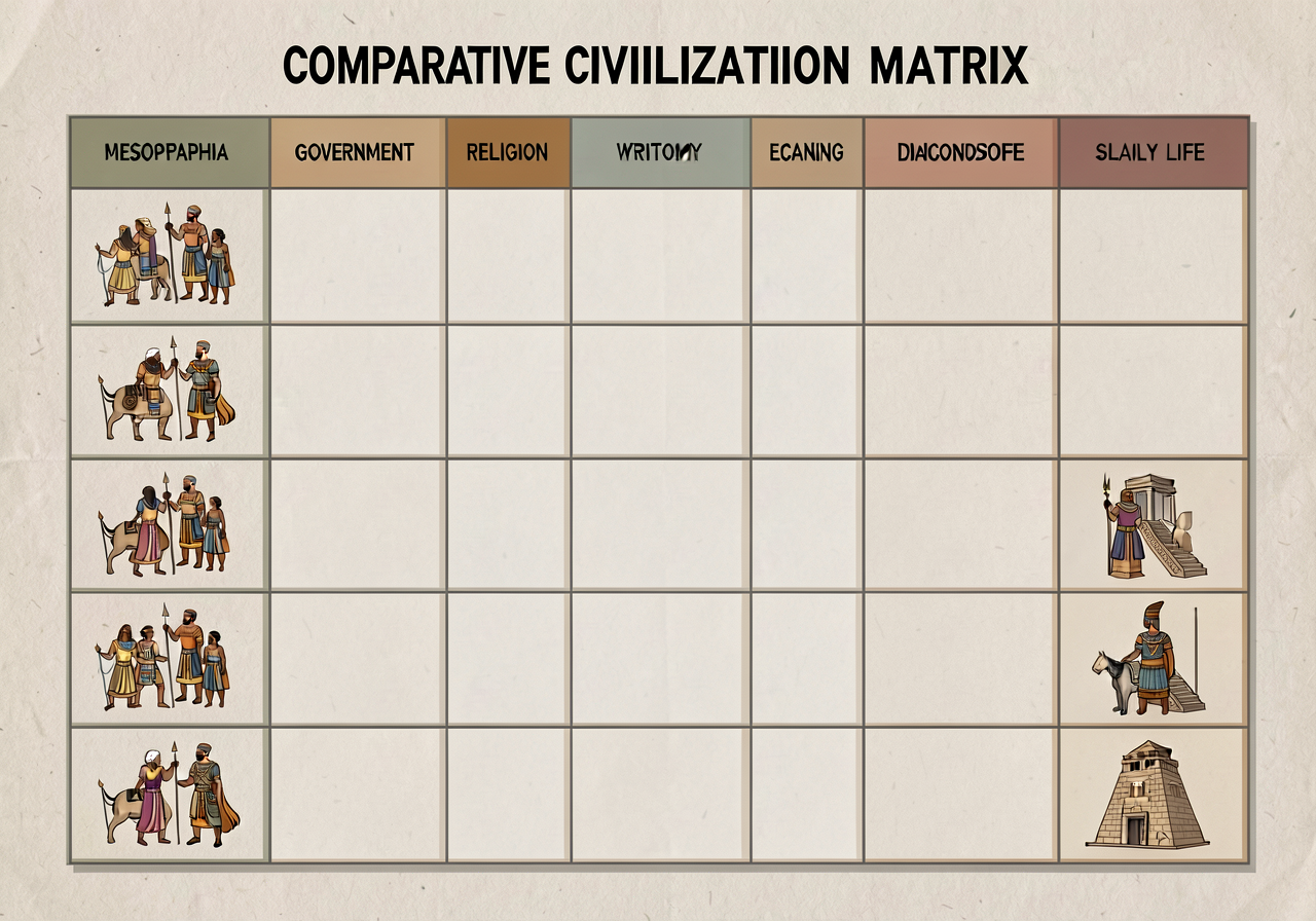 Comparative Civilization Matrix — 6-civilization × 6-strand grid (Mesopotamia / Egypt + Kush / Indus Valley / Shang-Zhou