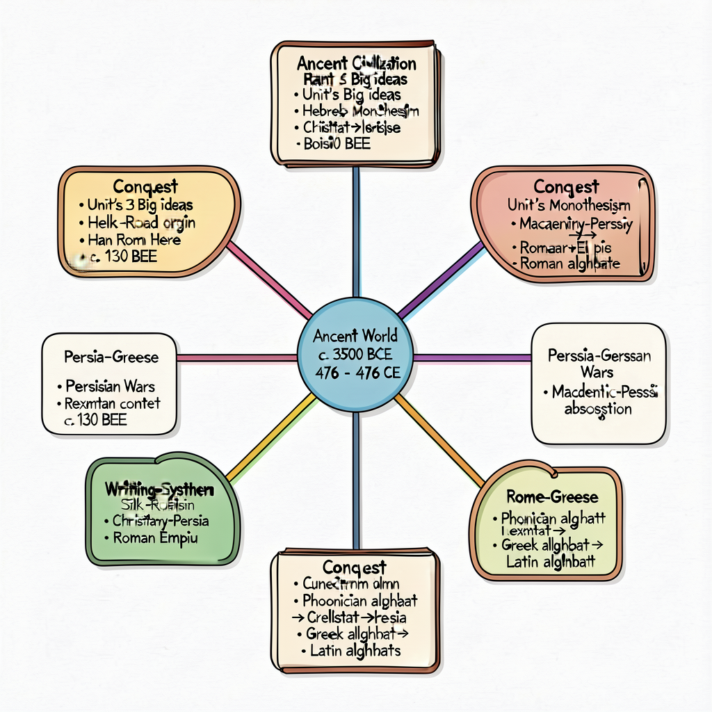 Six-Civilization Concept Map — central node 'Ancient World c. 3500 BCE - 476 CE' with six branches to the six civilizati