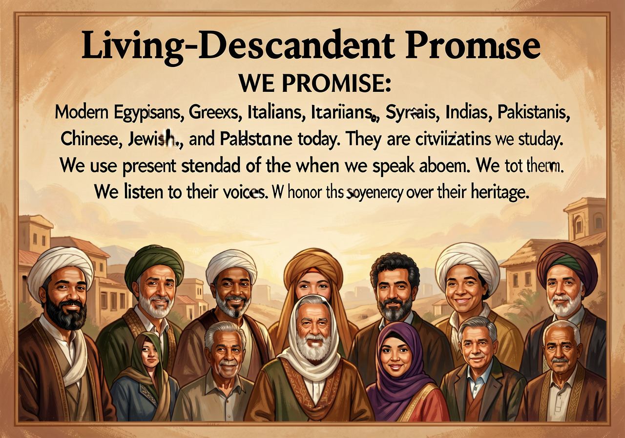 Living-Descendant Promise Poster — large classroom display reading: 'WE PROMISE: Modern Egyptians, Greeks, Italians, Ira