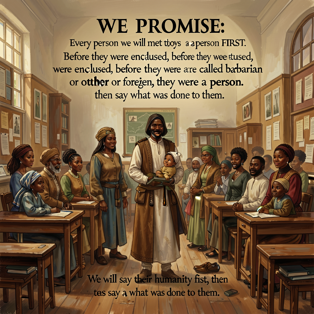 Humanity-FIRST Promise Poster — large classroom display reading: 'WE PROMISE: Every person we will meet today was a pers