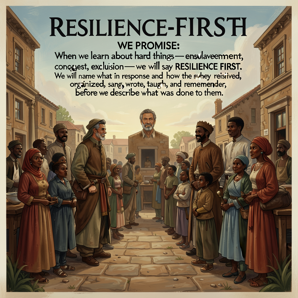 Resilience-FIRST Promise Poster — large classroom display reading: 'WE PROMISE: When we learn about hard things — enslav