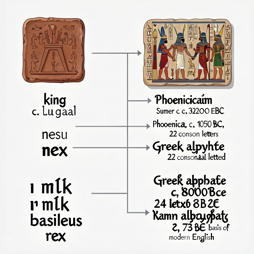Writing-Systems Evolution Diagram — visual lineage from cuneiform (Sumer c. 3200 BCE, wedge marks on clay tablet) → hier