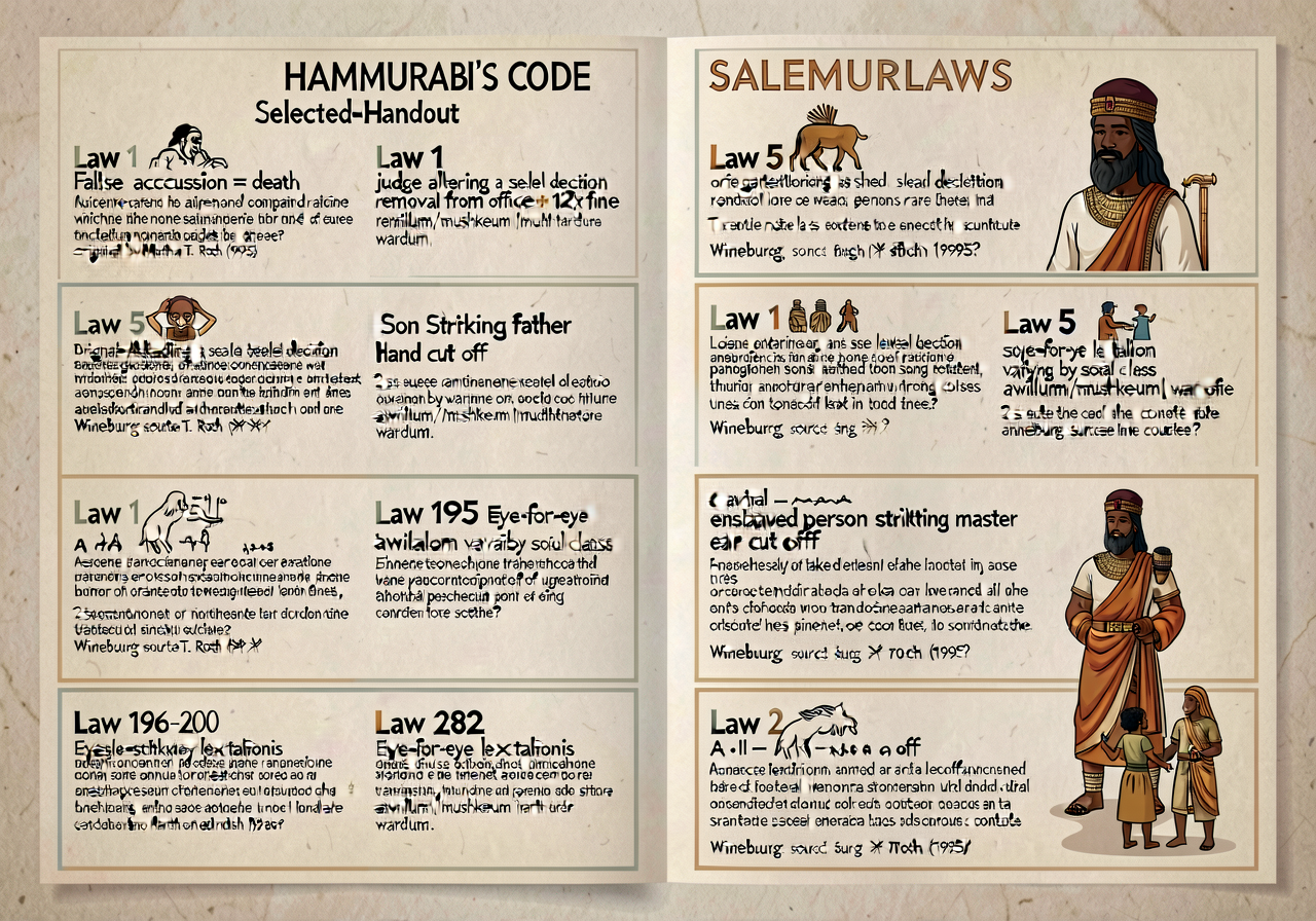 Hammurabi's Code Selected-Laws Handout — 12 selected laws translated by Martha T. Roth (1995) including Law 1 (false acc