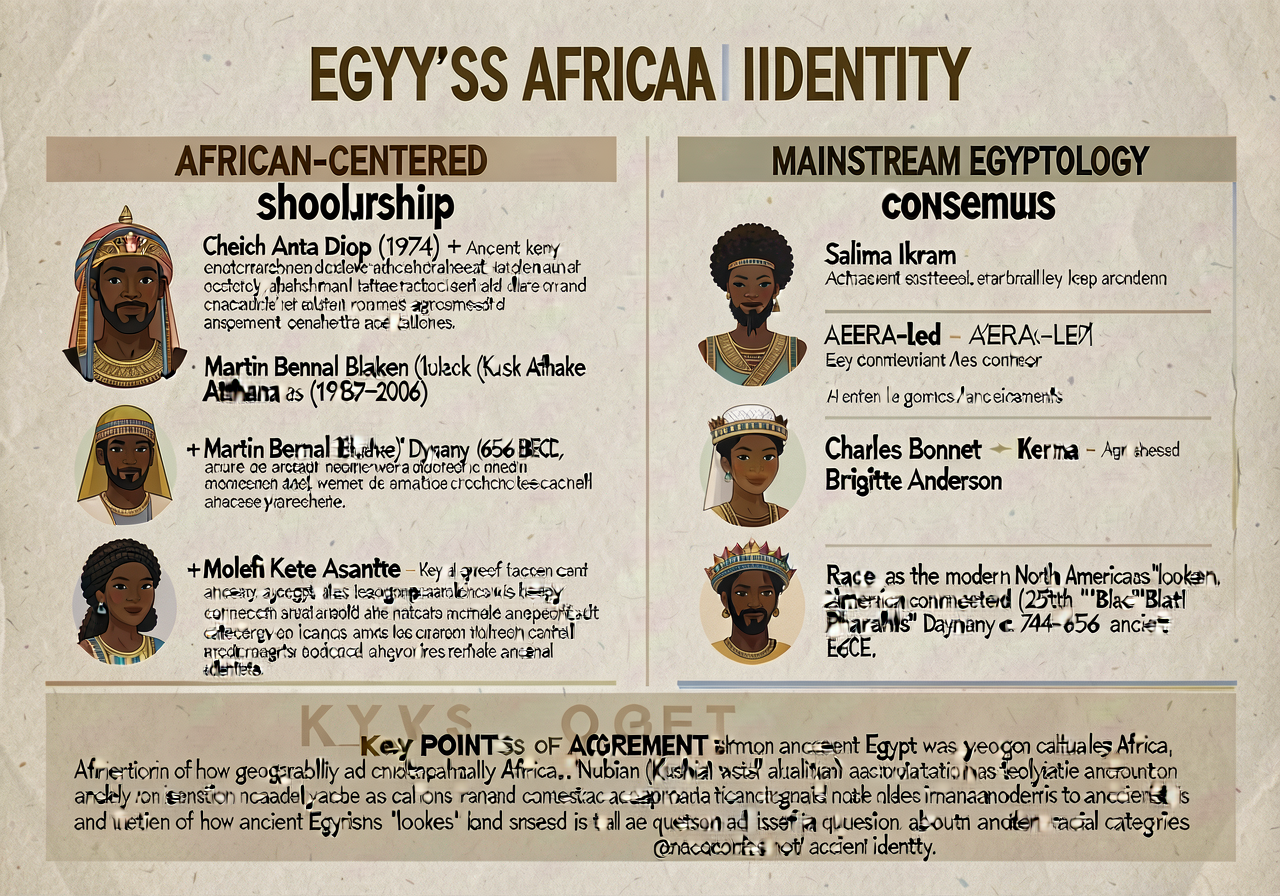 Egypt's African Identity 2-Column Scholarly-Debate Handout — left column 'AFRICAN-CENTERED scholarship' with Cheikh Anta