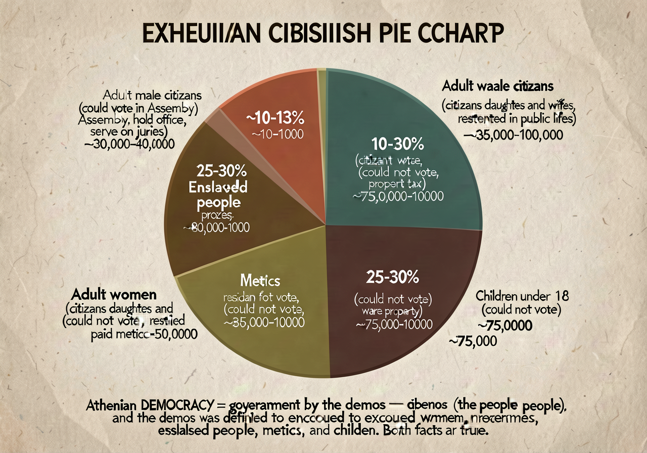 Athenian Citizenship-Exclusion Pie Chart — visual of Attic population c. 430 BCE (~300,000-350,000 total per Mogens Herm