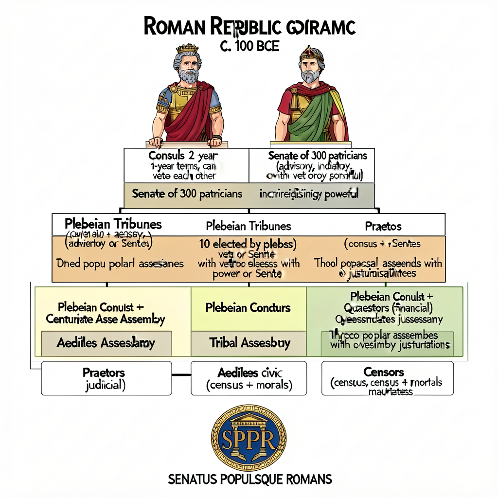 Roman Republic Governance Diagram — visual of Roman Republic structure c. 100 BCE: 2 Consuls at top (1-year terms, can v