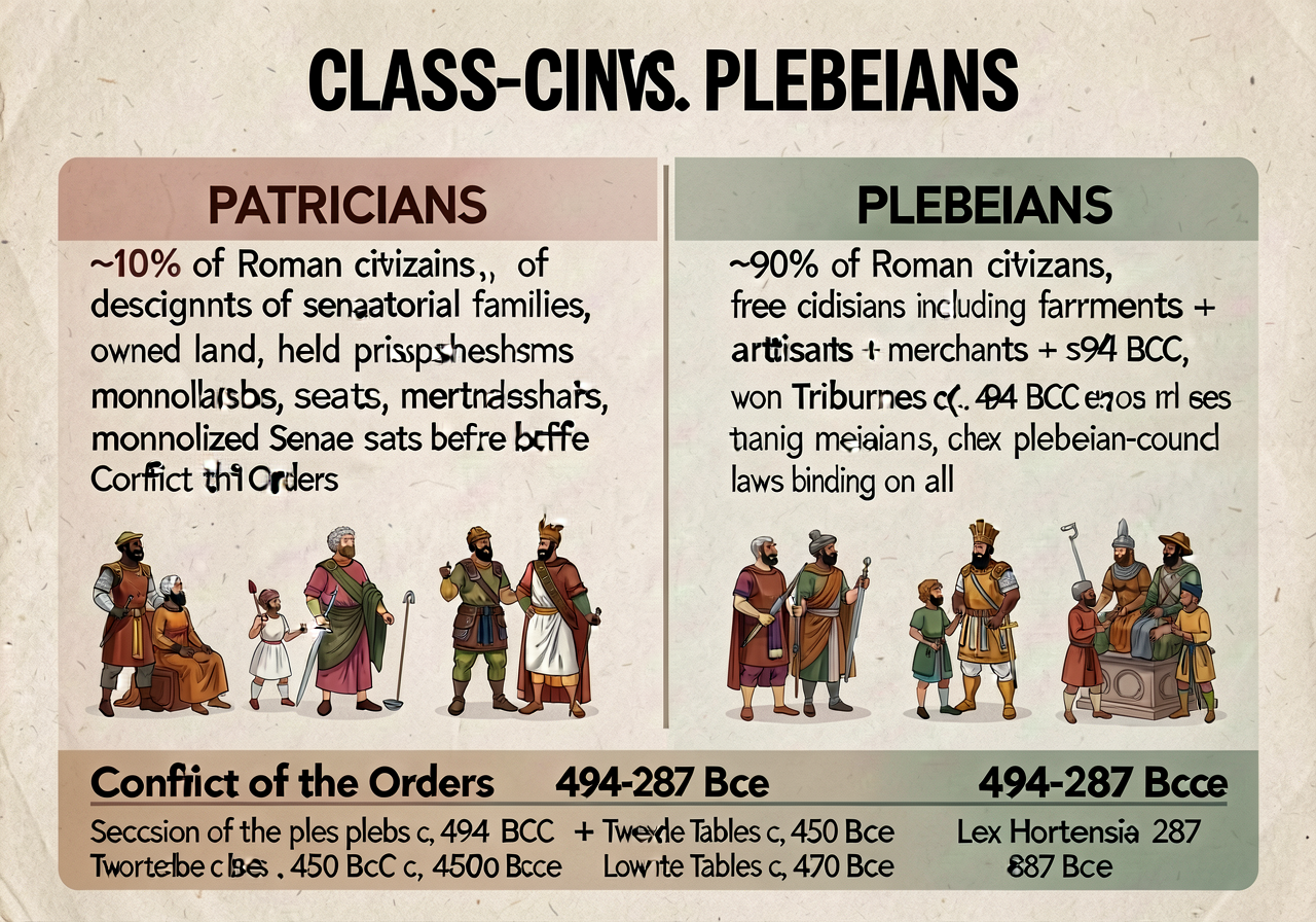 Patricians vs. Plebeians Class-Conflict Chart — 2-column comparison: PATRICIANS (~10% of Roman citizens, descendants of 