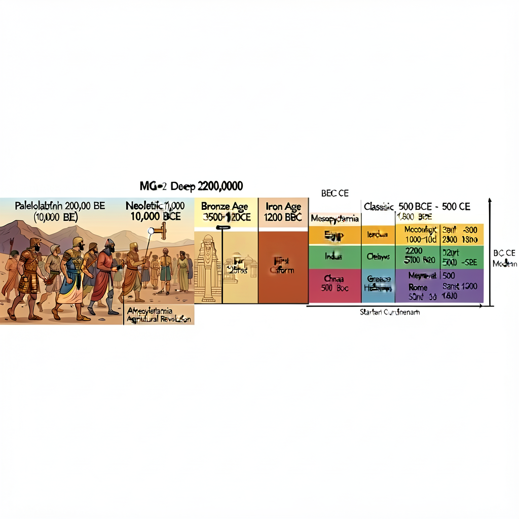 MG-2 Deep-Time Strip rendered at 24x8 inches: horizontal banner with logarithmic compression of 200,000 years; Paleolith