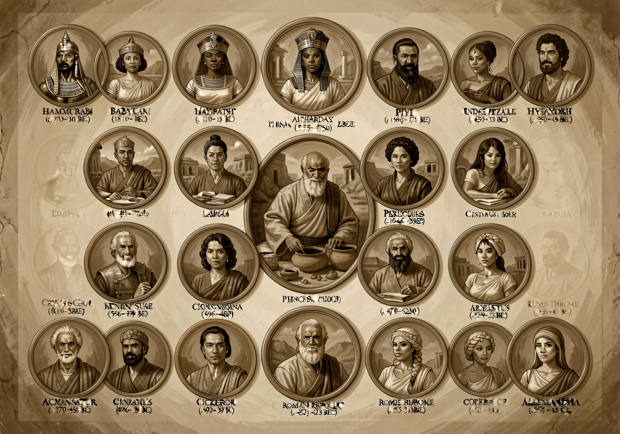 MG-1 unit-opener splash with 18-portrait medallion montage in dignified sepia palette: Gilgamesh (Mesopotamia c. 2700 BC