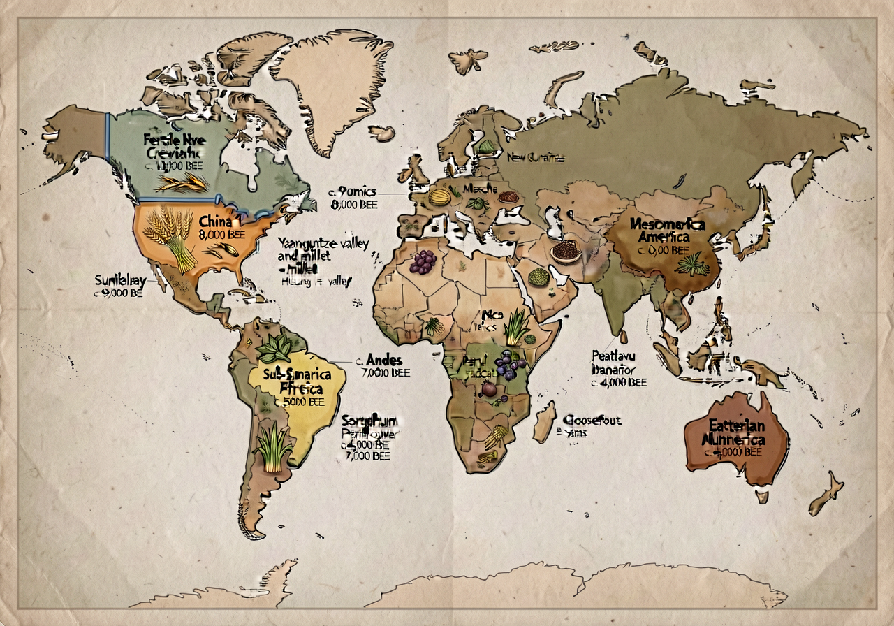 World map showing 5+ independent agricultural-origin regions with bordered shading: Fertile Crescent c. 10,000 BCE (Iraq